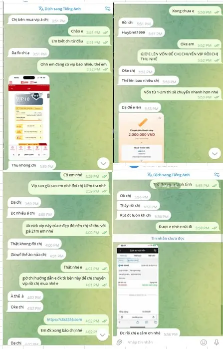 Bằng chứng giao dịch Telegram bán tài khoản VIP 10 nhận 32 triệu