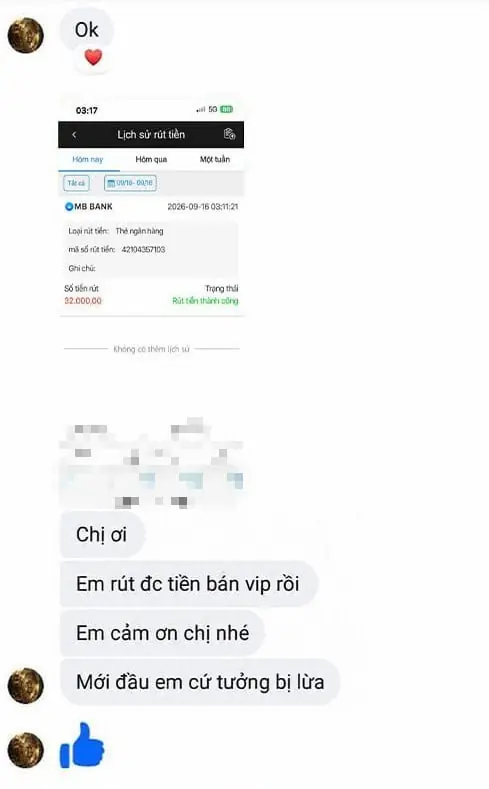 Tin nhắn phản hồi của khách hàng sau khi rút tiền thành công 32 triệu